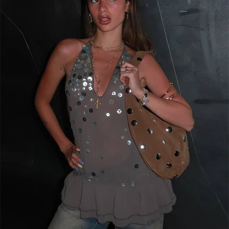 Sexy Sequin Short Dress Women Halter Lace Up Sleeveless Backless Ruffle A-line Dresses Female 2025 Spring Summer Chic Lady Robe 250409