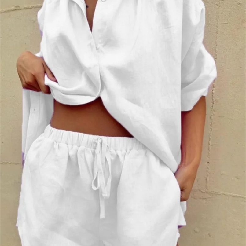 Casual Cotton Linen Solid Color Sets Women Short Sleeve Loose Shirt Wide Leg Shorts Two Piece Set Woman Suits Summer 240826