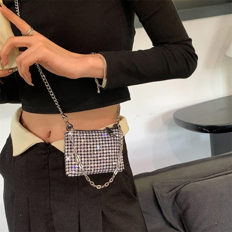 Evening Bags Trend Mini Square Bag Metal Double Chain Shoulder Bag Sparking Y2K Style Party Bag Diamond Coin Purse 230826