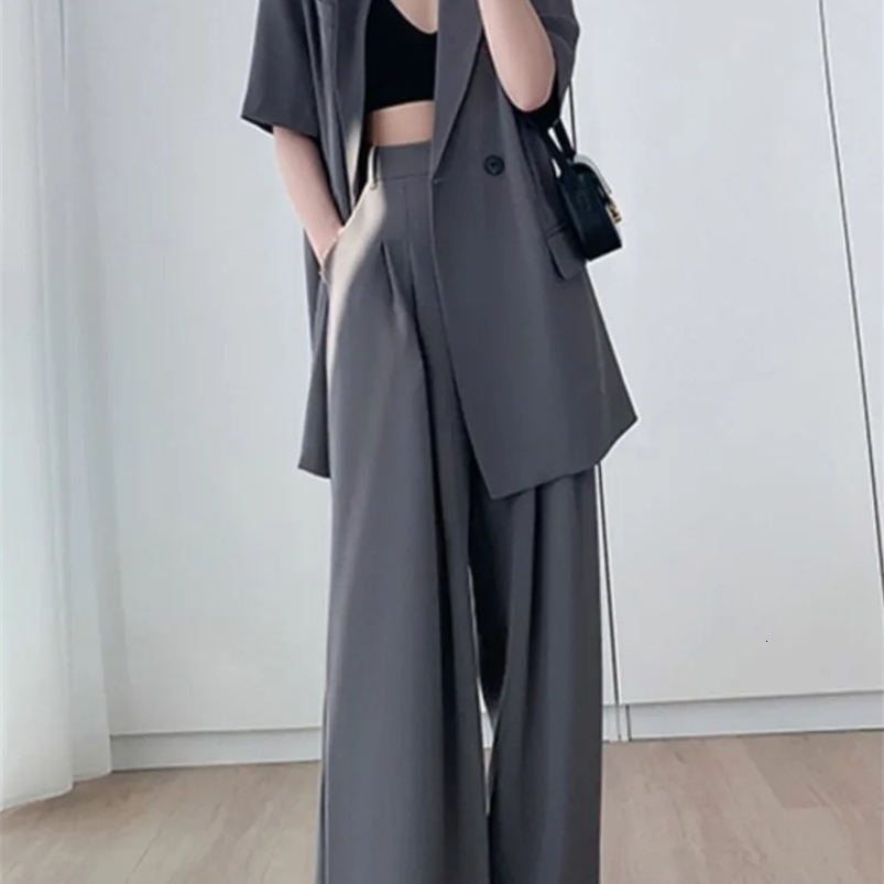 Short Sleeve Wide Leg Pants Blazer Suit Two Piece Set Summer Fashion Work Business Casual Female Clothes 240826