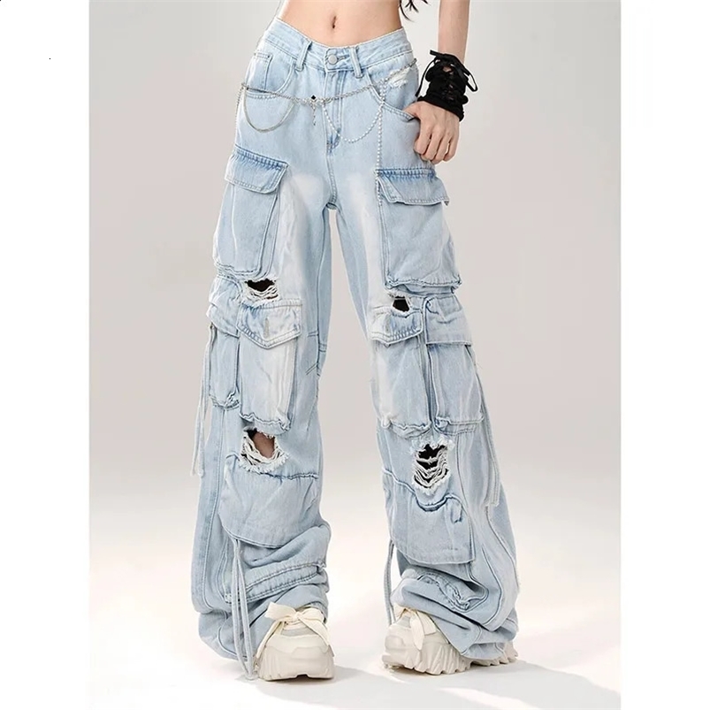 Women Blue Pocket Baggy Cargo Jeans Harajuku Streetwear 90s Y2k Oversize Denim Trousers Vintage 2000s Style Trashy Jean Pants 240822
