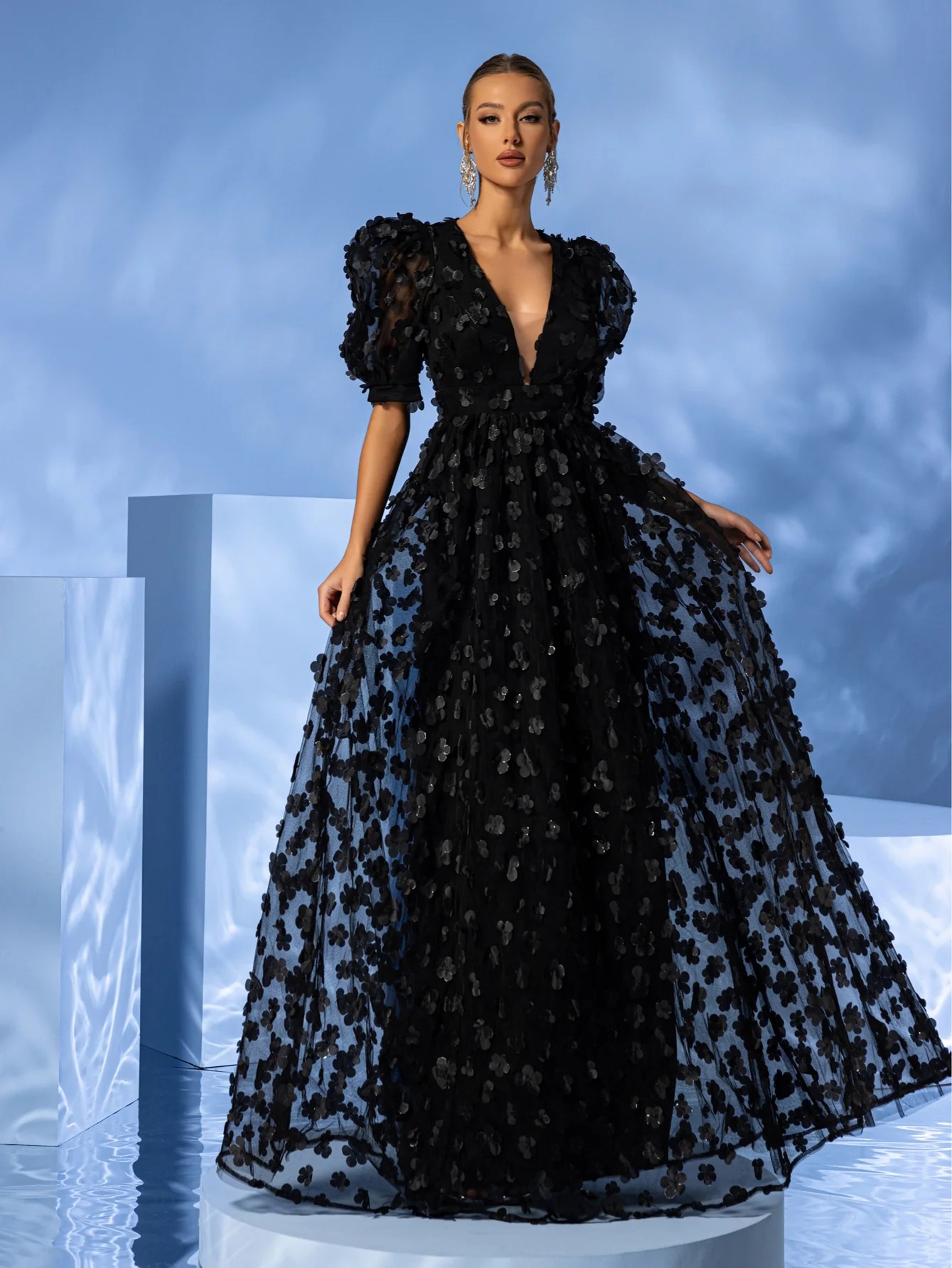2025 New French Fashion Women's Elegant Prom Black High Neck Long Sleeve A-Line Mini Dress 23551
