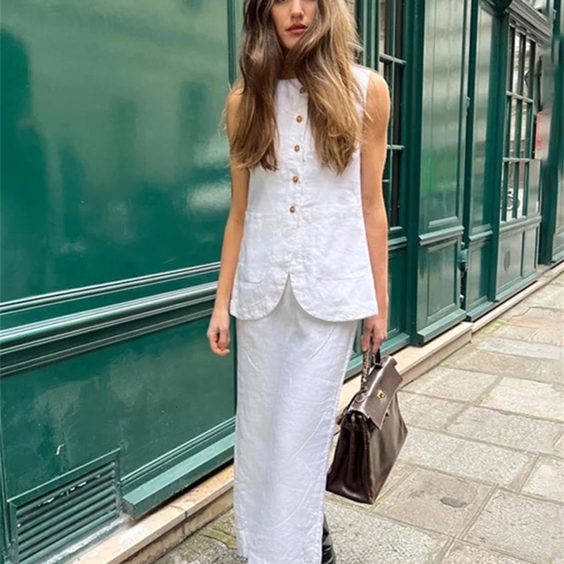 Elegant Waistcoat Skirts Sets Women White Single Breasted Top High Waist Midi Skirt Female Suit Sping Summer Lady Suits 240826