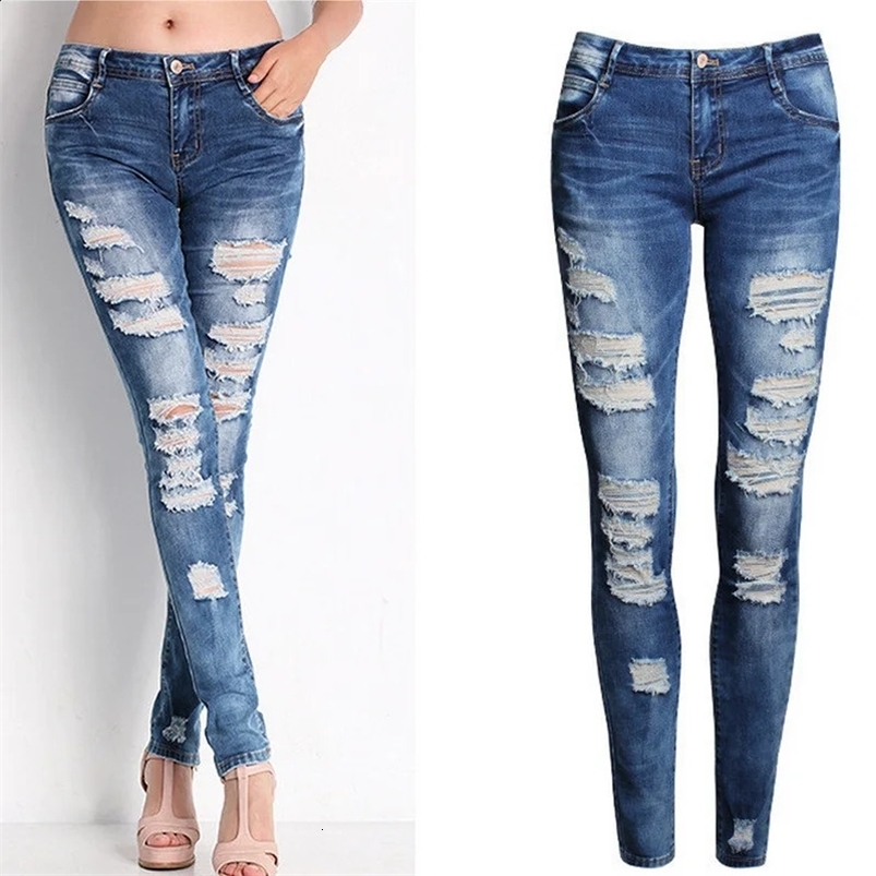 Blue Slim Ripped for Women Skinny Distressed Washed Stretch Denim Mom Jeans High Waist Pants Femme Bleached Z260313