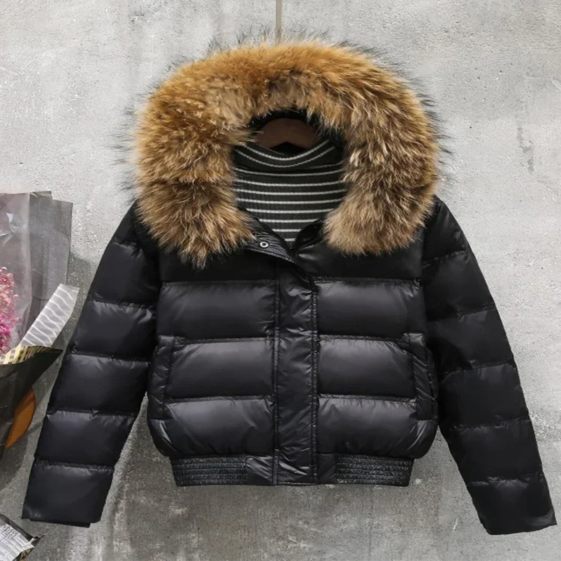 Fashion Big True Raccoon Fur Winter Coat Womens Hooded Short Warm Inflatable Jacket Waterproof Womens White Duck Down Park 241112