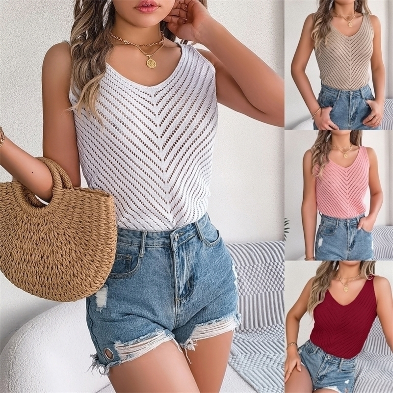 2025 Summer Womens Halter Top Solid Color V-neck Hollow Sleeveless Knit T-shirt For Women Holiday Vest Womens Clothing 250417