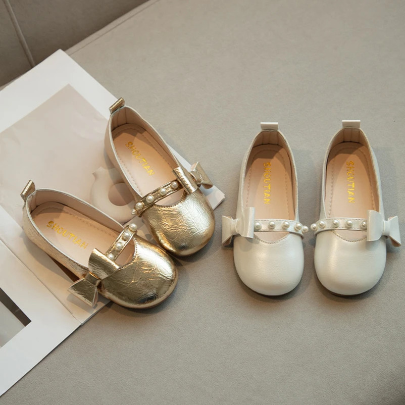 Children Performance Dance Shoes Solid Color Girls Flat Shoes with Simple Pearl Bow Kids Princess Leather Shoes Sweet 241220