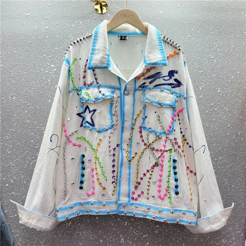Multicolour Rivet Diamonds Big Pocket Denim Jacket Women Loose Short White Blue Cow Outerwear Print Jeans Jacket Coat Female 250122