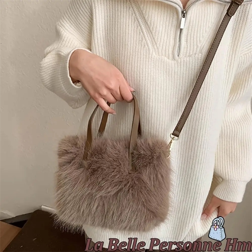 Faux Fur Top-Handle Bag Fluffy Women Crossbody Bags Solid Color Handbag Adjustable Strap Satchel Ladies Soft Shoulder Bag 240909