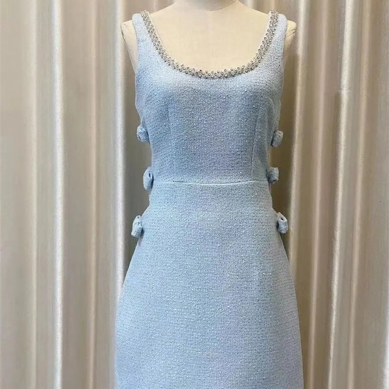 Elegant Beading Diamonds Wool Tweed Short Dress Women Sexy Backless Tank High Waist Bow Hollow Out Slim Birthday Party Vestidos 240529