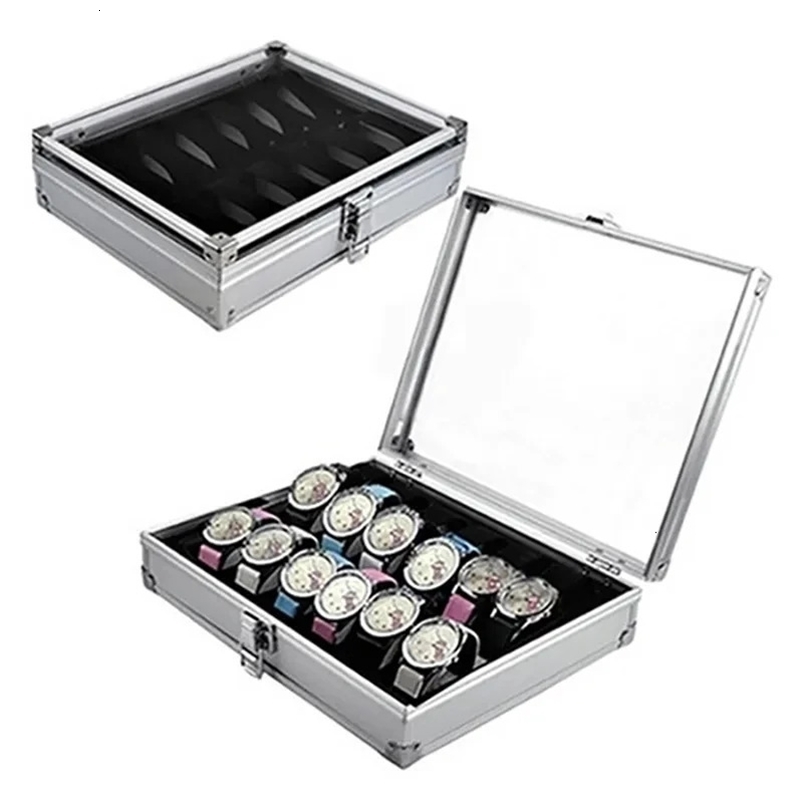 Watch Boxes Cases Useful Aluminium Watches Box 12 Grid Slots Jewelry Watches Display Storage Box Square Case Suede Inside Rectangle Watch Holder 231128