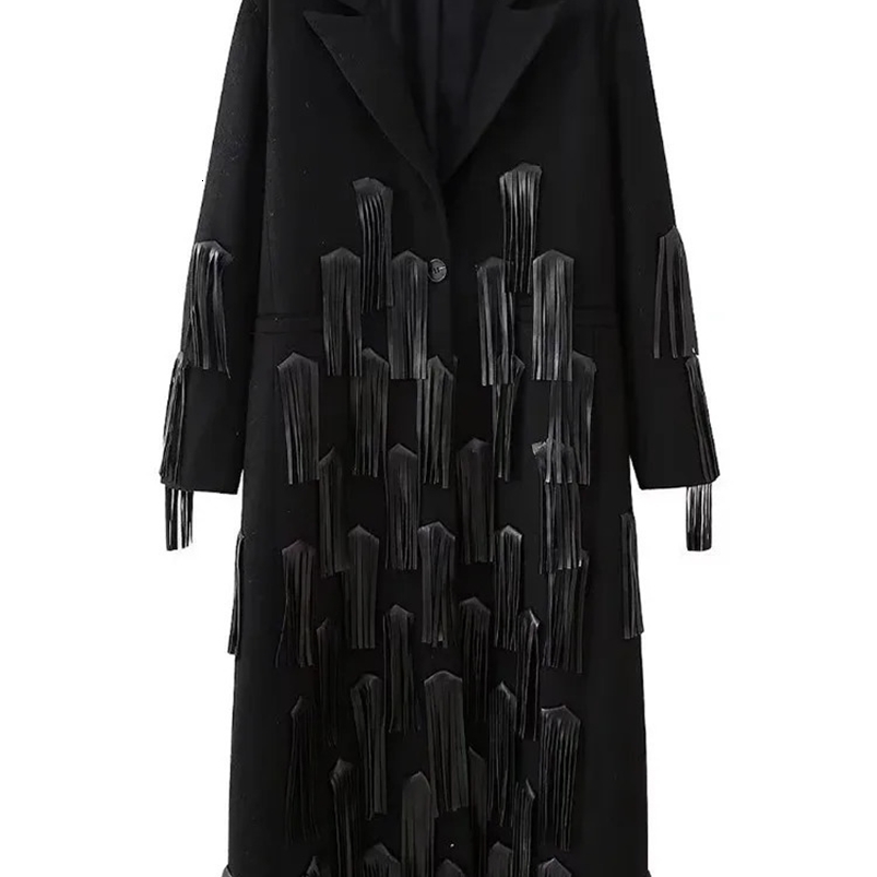 EAM Black Spliced Leather Tassel Woolen Coat Loose Fit Lapel Long Sleeve Women Jacket Fashion Autumn Winter 30A0008 240822