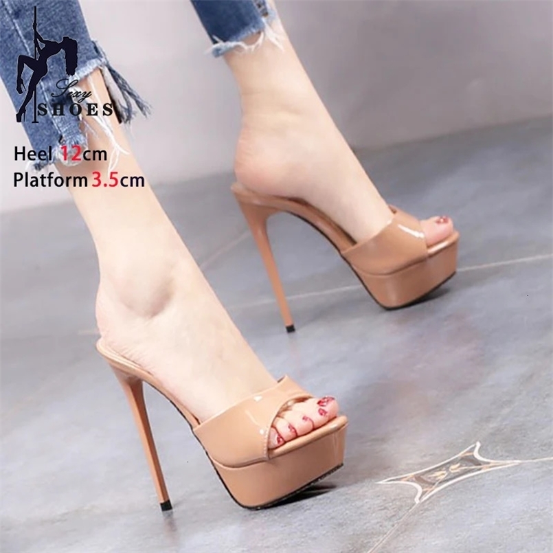 Women 12CM High Heels Outdoor Shallow Mouth Sandals Summer Thick Platform Slippers Simple Style Slide Shoes For Woman 250118
