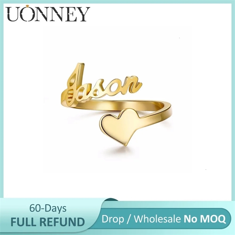 UONNEY Drop Personalized Heart Open Ring Adjustable Name Rings for Women Unique Gift Stainless Steel Anniversary Jewelry 240530