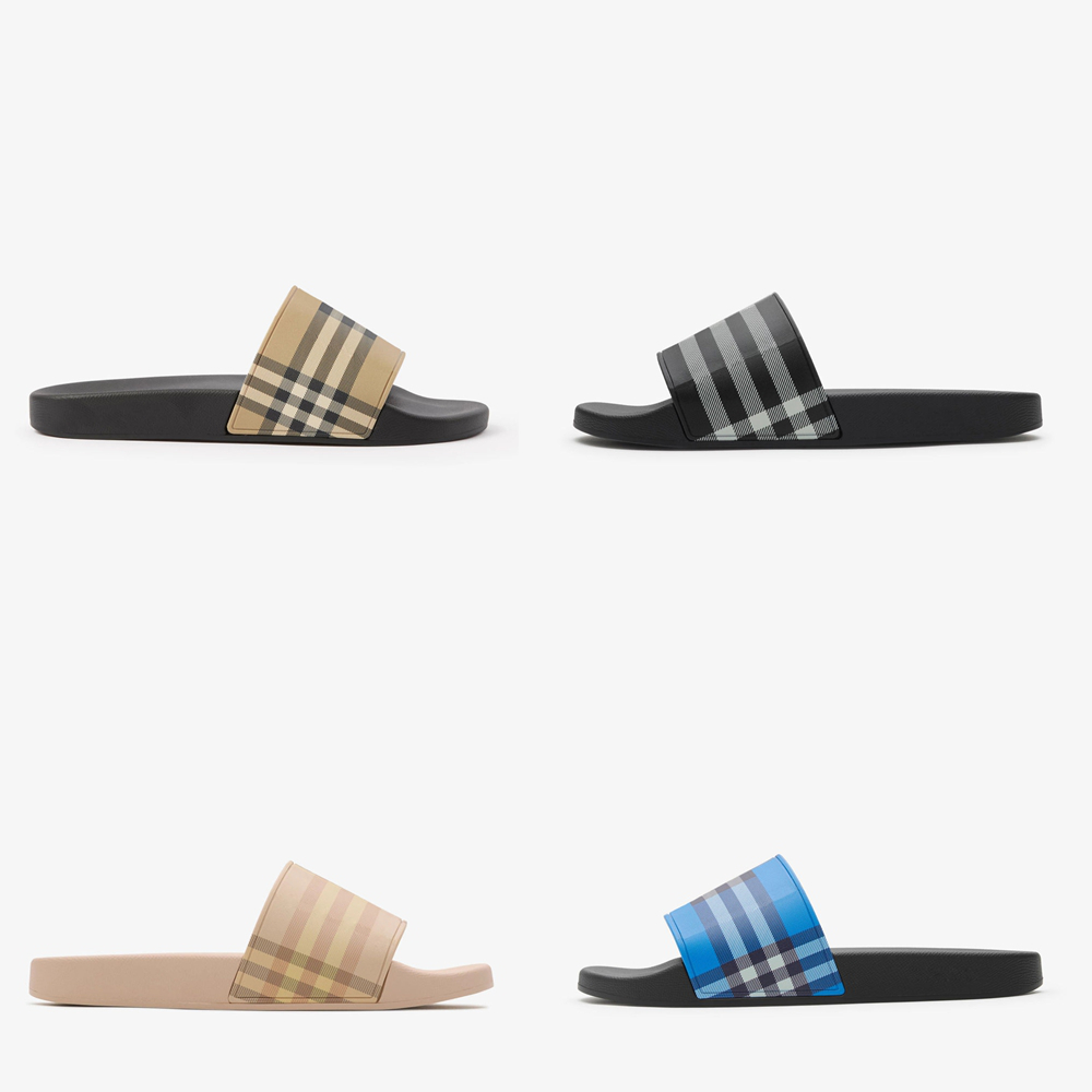 Designer Check Slides Vintage Printing Tartan Slippers Sliders Mens Furley Archive Summer Beige Print Embossed Logo Slide Dark Cerulean Blue Mangrove size 35-46