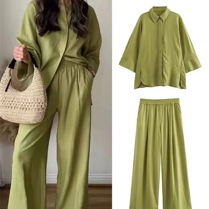 Womens Fashion Suit Autumn Casual Thin Loose Linen Shirt Elastic Straight Pants Suit Womens Two-piece Set 240820