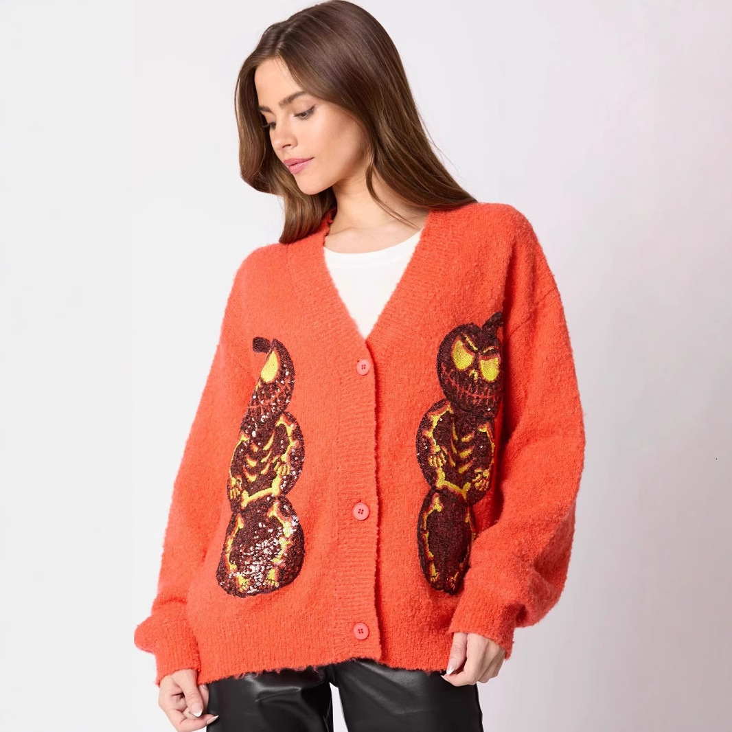 Autumn Winter New Womens Halloween Pumpkin Demon Sequin Sweater Casual Knitted Cardigan 250103