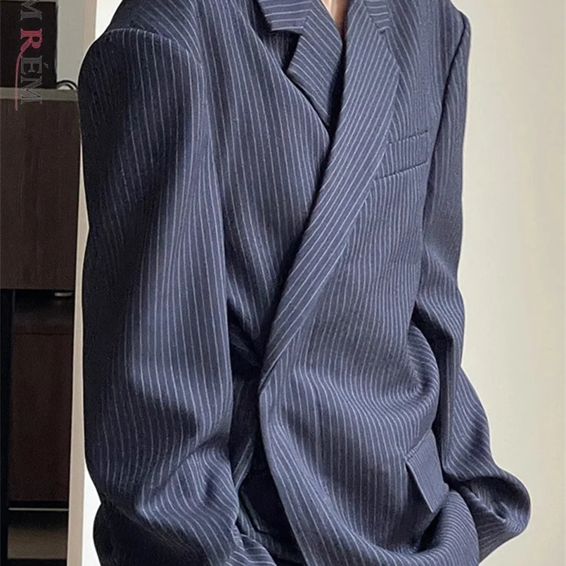 LANMREM Striped Blazer For Women Notched Single Button Long Sleeve Loose Jackets Spring Clothing 26D2884 240826
