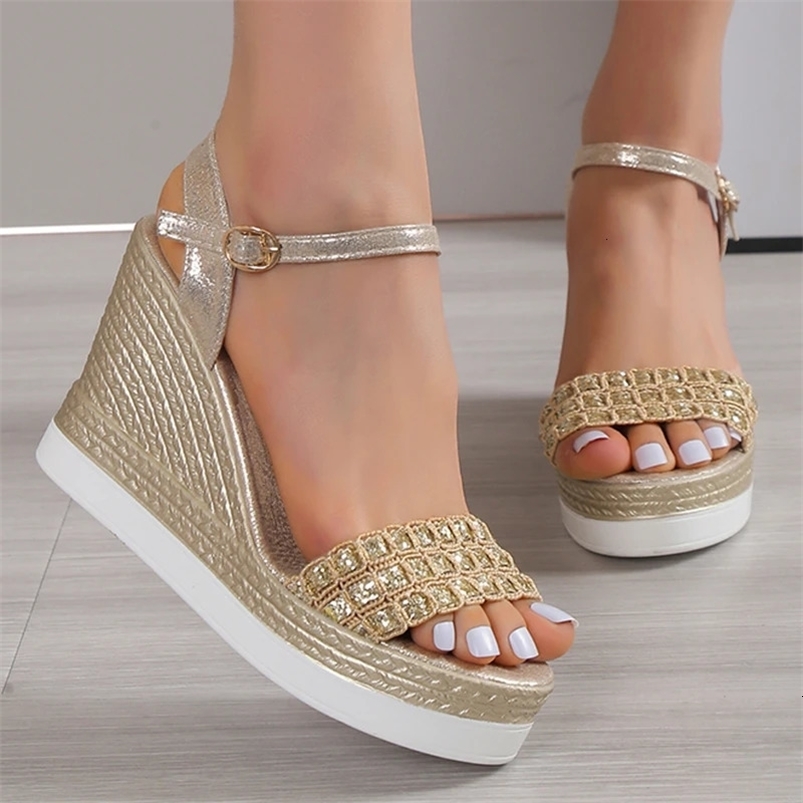 Gold Silver Glitters Wedge Sandals Women Buckle Strap Chunky Platform Sandles Woman Summer Non-Slip Thick Sole Sandalias Mujer 240528