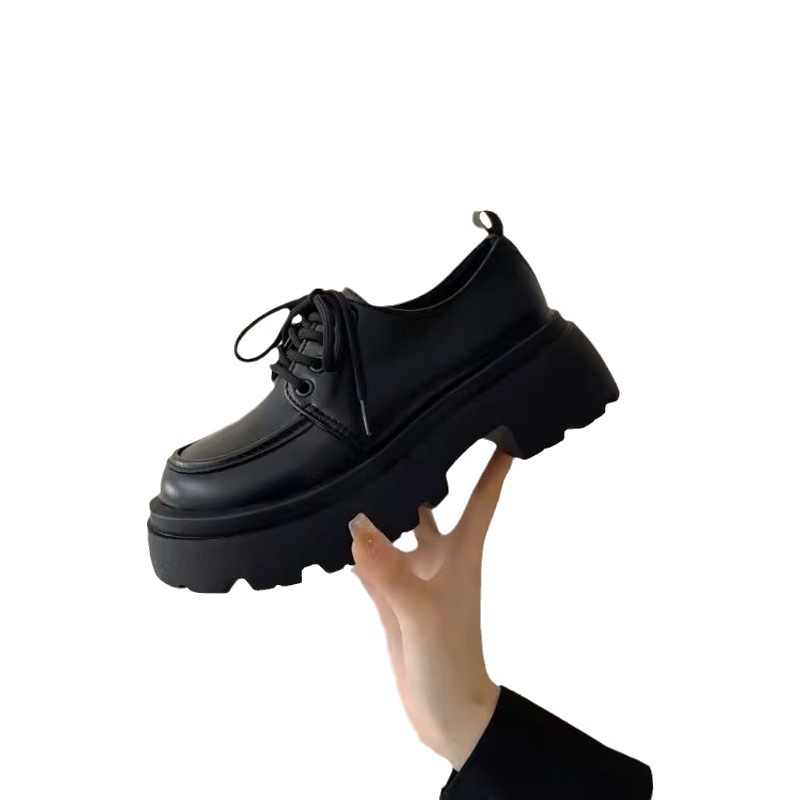 Platform Leather Shoes Women's Fashion New Spring Versatile Black Lace-up Loafers