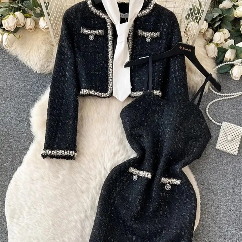 Winter Black Woolen 3 Piece Dress Set Womens Spaghetti Strap Beading Pearls Tweed Mini Vestidos Short Jacket Coat Scarf 240729