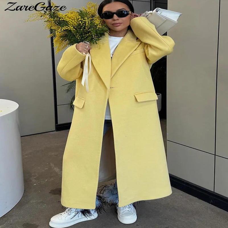 Fashionable yellow wool womens long coat loose lapel long sleeved one button solid coat autumn and winter elegant streetwear 241122