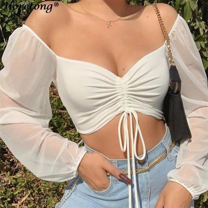 Horetong Womens Sexy V-neck Off-Shoulder Blouses Summer Drawstring Bandage Long Sleeve Tops Ladies Korean Fashion Short Clothes 240827