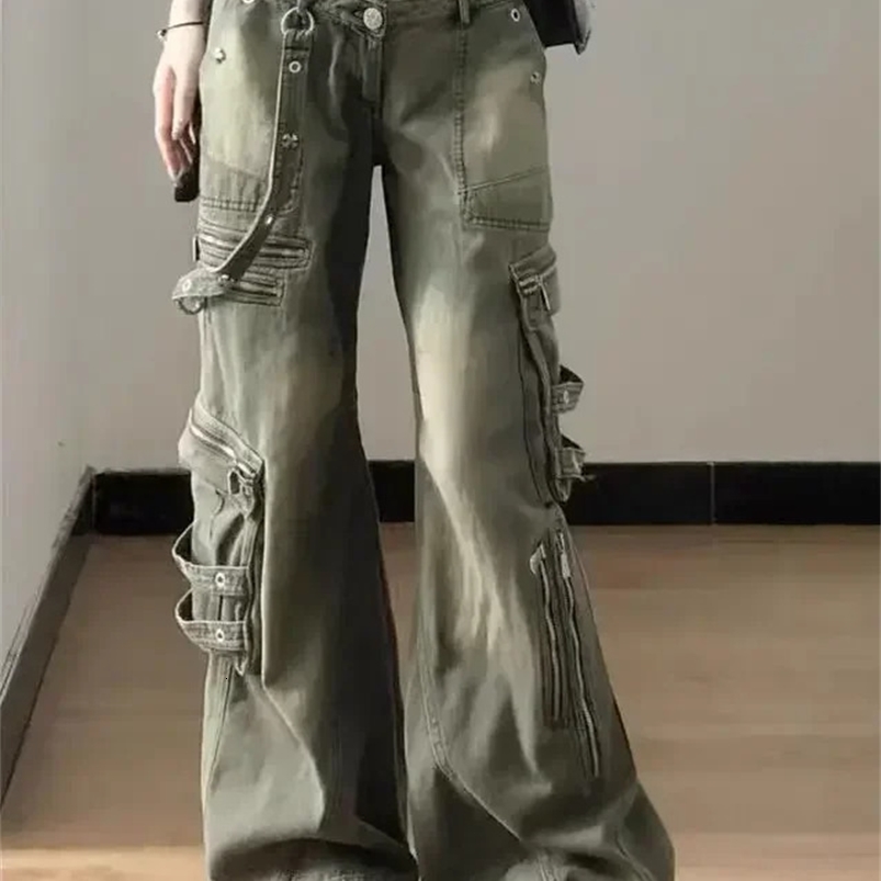 Loose Retro Washed Cargo Strtwear Zipper Baggy Hiphop Straight Pants Multi-pocket Wide Leg Jeans Women Z260313