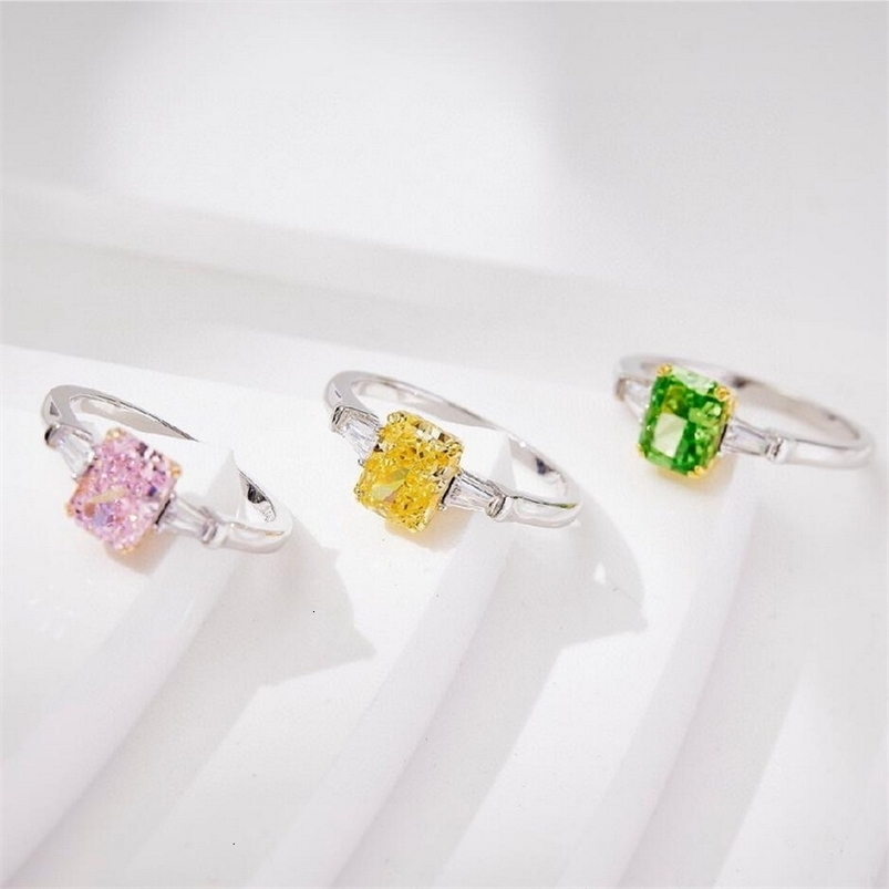 Wedding Rings Europe America Style High-end Jewellery Women Lady Settings Yellow Pink Green Square Cubic Zircon Silver Color Ring Size US5-US8 230713