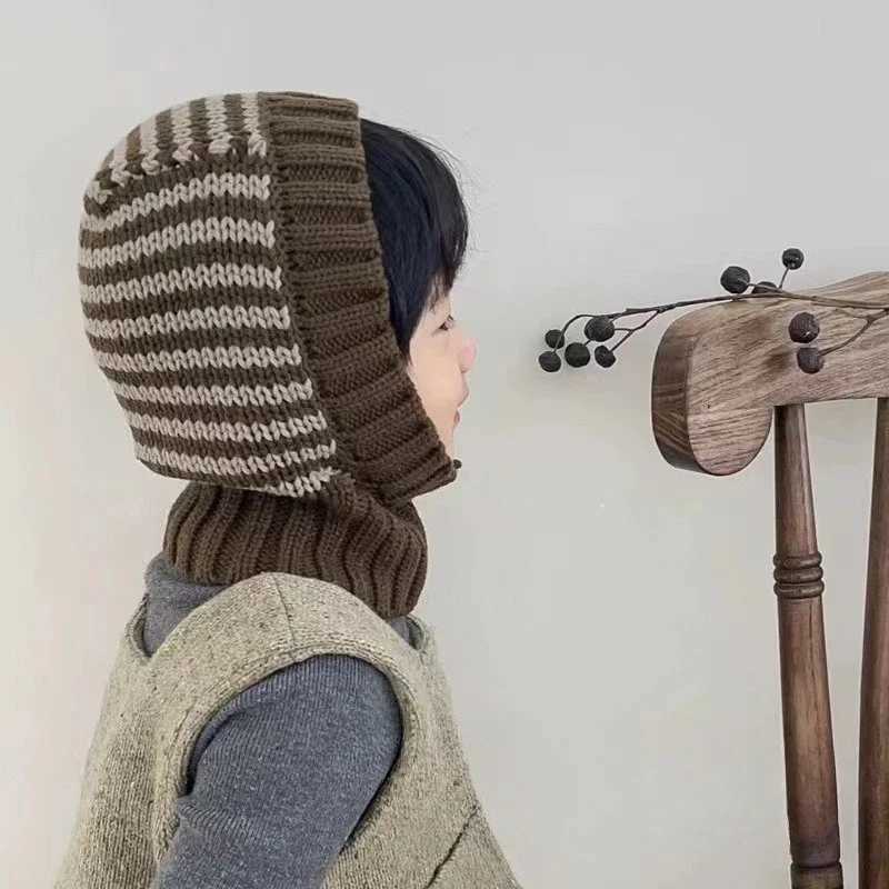 Solid Color Striped Scarf Hooded Hat for Baby Winter Warm Knitted Kids Balaclava Cap Korean Children Boy Girl Beanie Caps Z251029