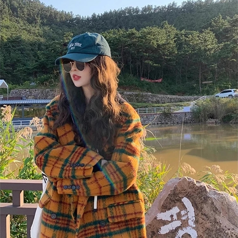 Nerazzurri Autumn Winter Long Loose Casual Colorful Thick Warm Soft Plaid Woolen Coat Women Double Breasted Korean Fashion 240822