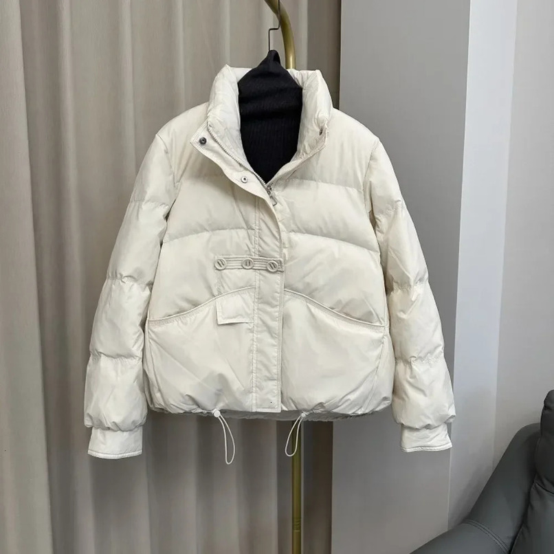 Winter Stand up Loose White Duck Down Jacket Womens Button Solid Color Warm Casual Puff Bread Coat 241112