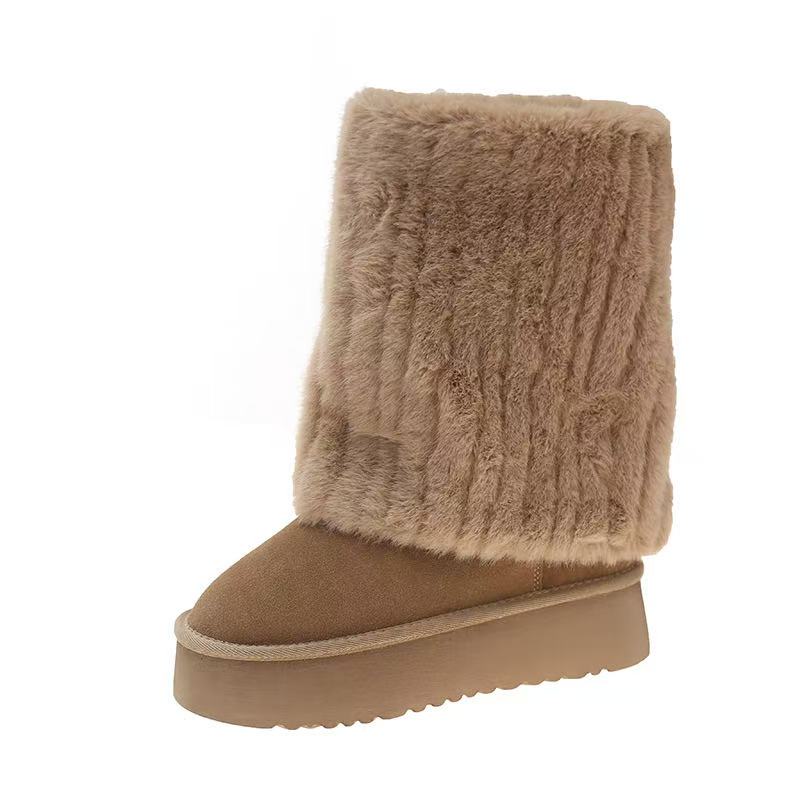 2024 Winter New Fashion Furry Hem Wedge Non-slip High Women's Outdoor Warm and Comfortable One-foot Snow Boots