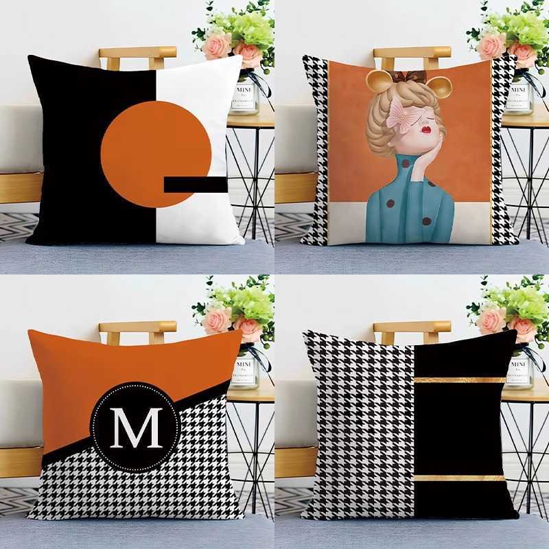 Nordic Orange Light Luxury Sofa Cushion Simple Orange Red Geometric Pillow Black and White Modern American Style Backrest Pillow Cover C250923