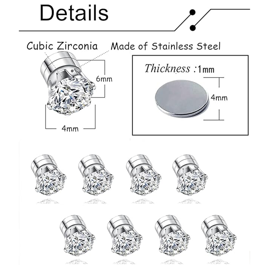 14 Pairs Magnetic Stud Earrings White Cubic Zirconia Clip on Earrings Set Non-Piercing Fake Earring Jewelry for Women Men 4MM