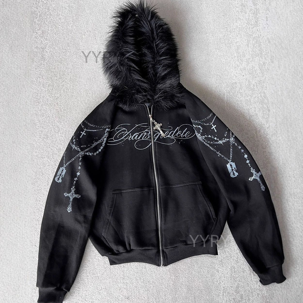 Personalized Printed Zipper Detachable Furry Hat Sweatshirt Sweatpants Set Long Sleeve Pullover Hoodie 250827