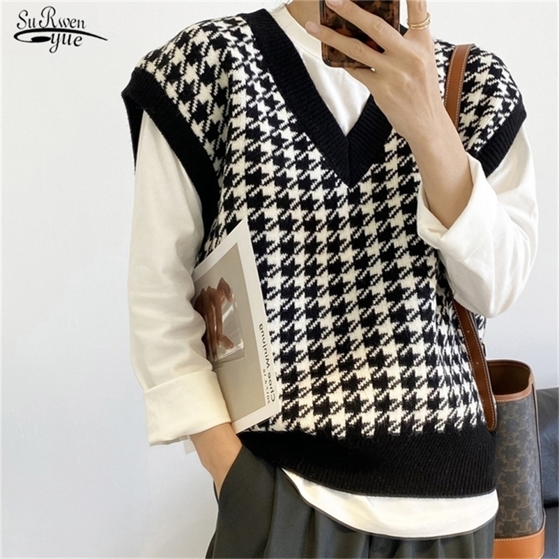 Women's Vests Women Knitted Vest Sweater Houndstooth Loose V Neck Sleeveless Thick Casual Sweater Suits Female Waistcoat Chic Tops 17502 220913