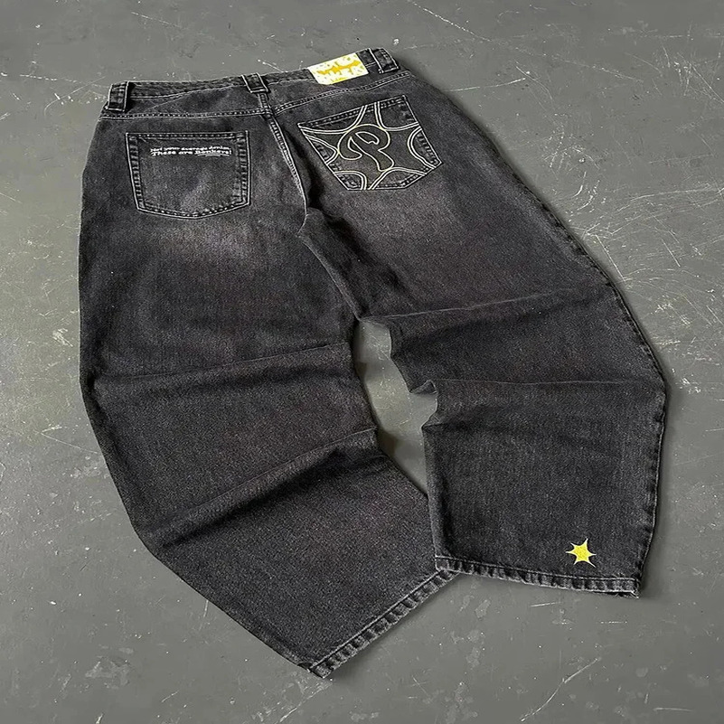 Y2K Protect Streetwear Hip Hop Jeans Mens Pants Harajuku Letter Embroidery Vintage Blue Baggy Jeans High Waist Wide Leg Trouser 250605