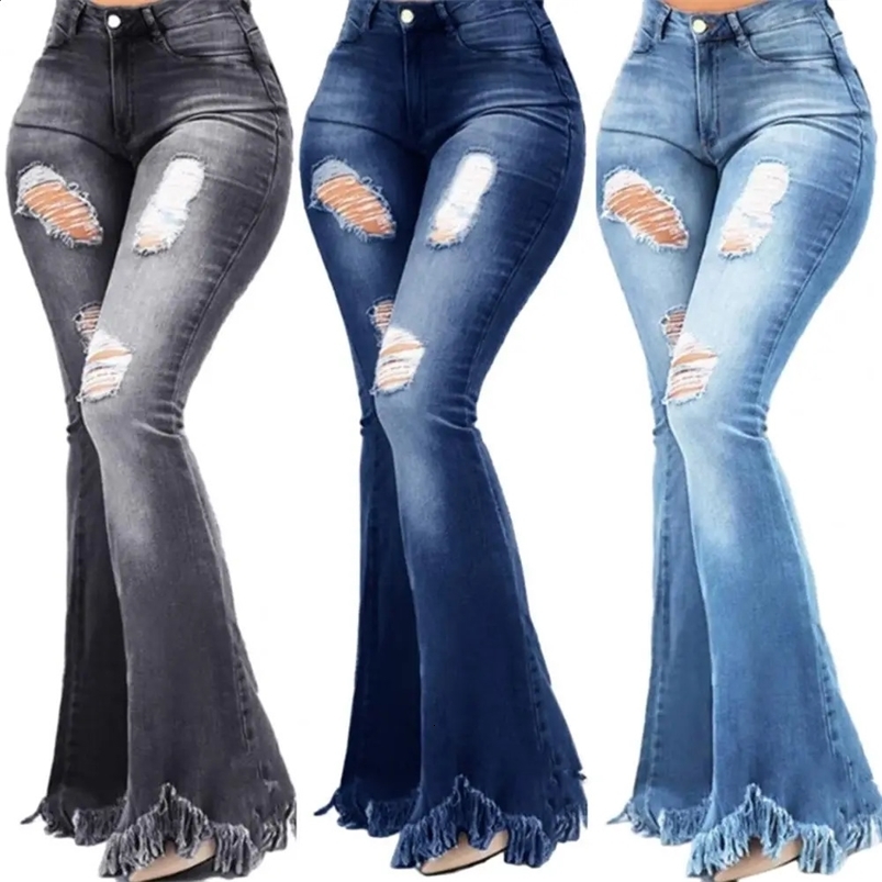 Denim Flared Women Pants High Waist Zipper Ripped Holes Tassel Cuffs Autumn Winter Jeans Z260313