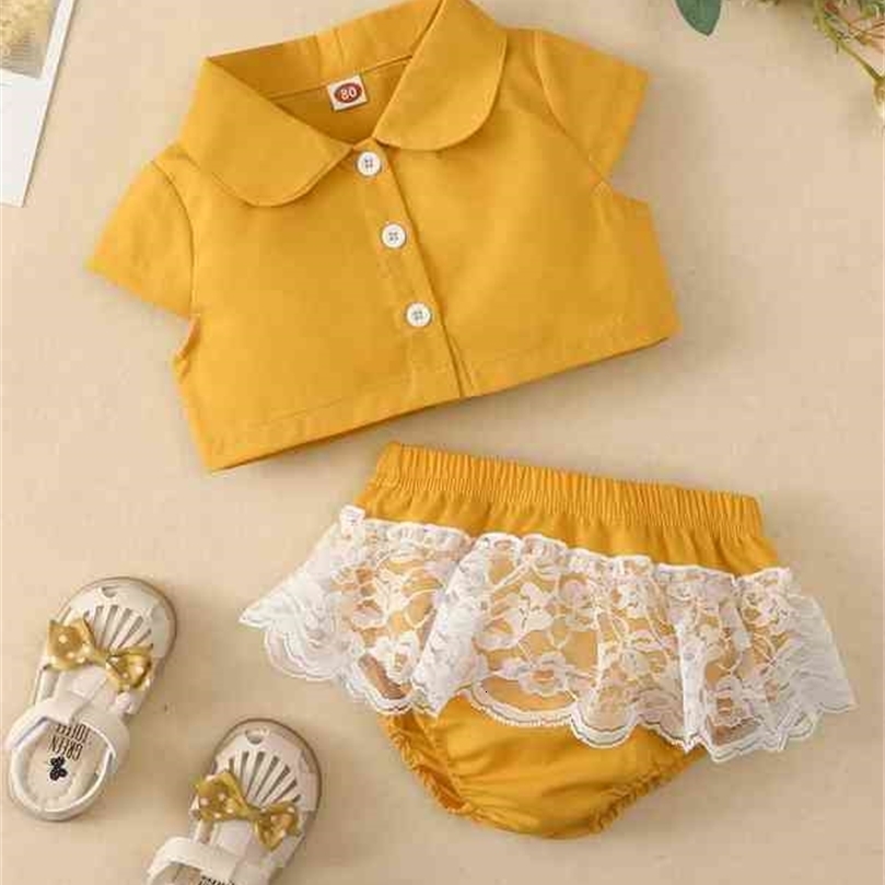 Baby Solid Button Up Blouse & Lace Panel Shorts SHE