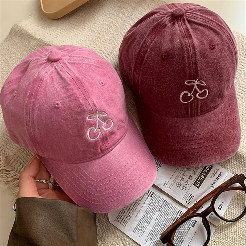 Pink Cherry Baseball Cap Women Y2K Korean Embroidered Hat Summer Solid Color Adjustable Female Sun Visor Hats 240626