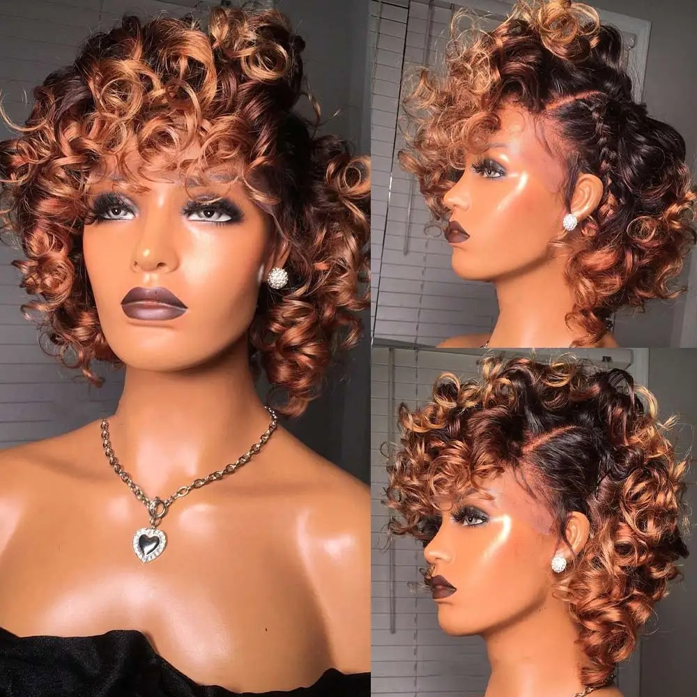 1B 30 Ombre Brown Color Short Bob Curly Pixie 13x4 Lace Front Human Hair Wigs Brazilian Loose Curl Copper Blonde Pixie Wigs Side Part Hair Ready To Wear