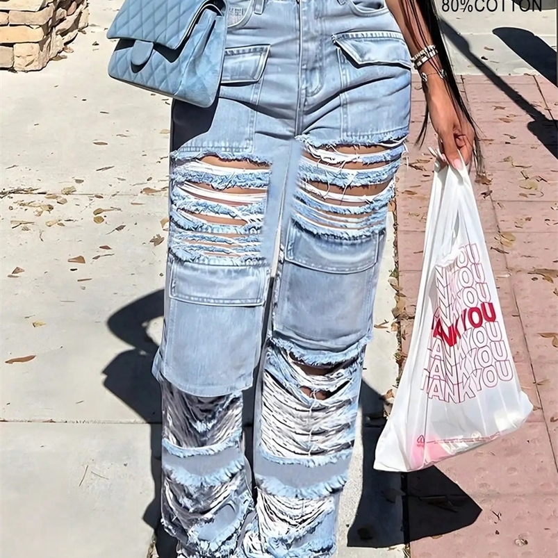 90s Y2K Strt High Waist Washed Flap Pocket Ripped Decor Cargo Pants Daily Casual Jean Z260313
