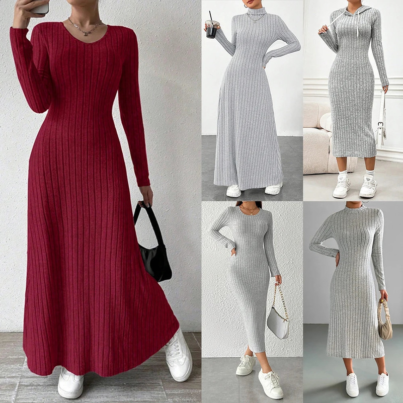 Women Elegant Bodycon Knit Dress Autumn Winter Hooded Turtleneck Temperament Slim Long Sleeve Solid Ribbed Long Dress Streetwear 250122