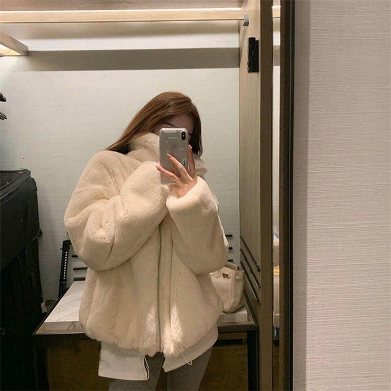 Women's Fur Faux Winter Jacket Fashion Solid Color Coat Korean Version Loose Simplicity Stand-up Collar Clothing 221116