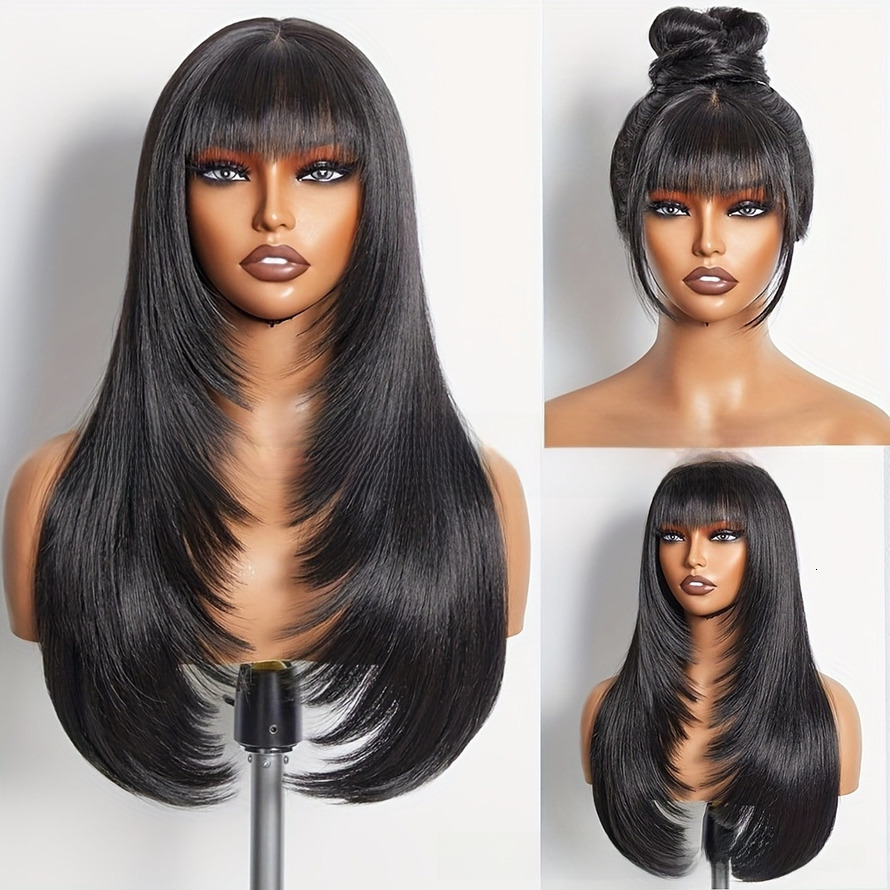 Black Straight Long Layered Wig With Bangs For Women High-Quality Hair - Manufacturer Direct Sales