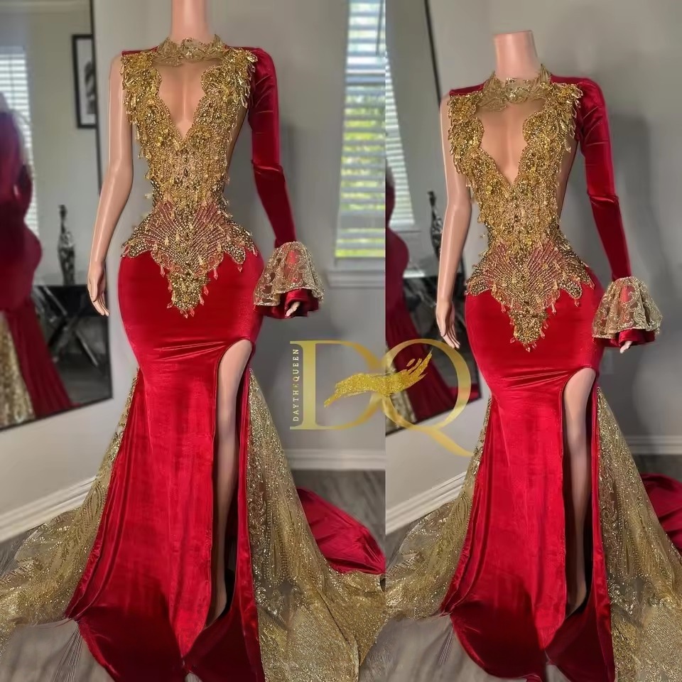 Elegant Red With Gold Crystal Rhinestones Train Prom Dresses 2025 For Black Girl High Slit Luxury Evening Dresses Customized