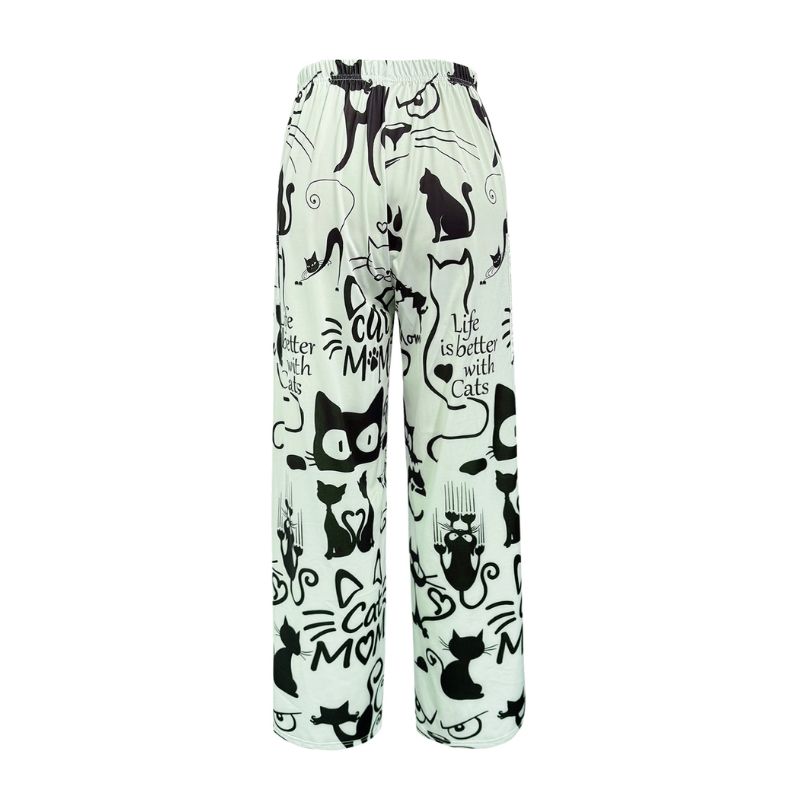 Women's Casual Cat Print Straight Leg Pants, Loose Trousers with Big Pockets for Autumn-CF40007