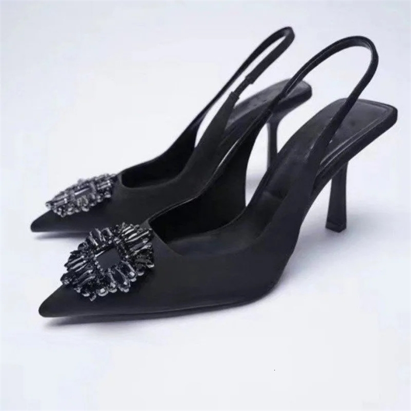 High-heeled Sandal A Word Back Trip with Rhinestone Decorated Bao Head Sandal Pointed Single Shoe Shallow High Heels Women 240528