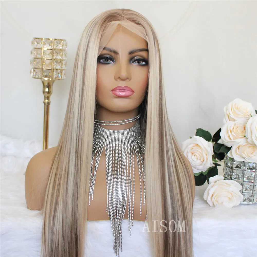 Highlight Brown 13x4 Lace Front Wig Long Straight Synthetic Lace Wigs For Women Middle Part Highlight Blonde Balayage Lace Wig C250922